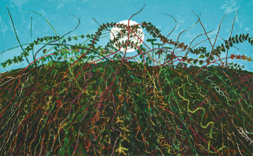 올해 희수를 맞은 화가 김종학 씨의 신작 ‘월하’는 181.7×291cm 크기의 대작이다. 하늘에 뜬 달까지 집어삼킬 듯한 덩굴식물의 생명력과 생동감이 돋보인다. 갤러리 현대 제공