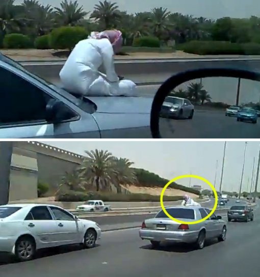사우디 男, 시속 90km로 달리는 차 위에서 휴대폰 문자 여유