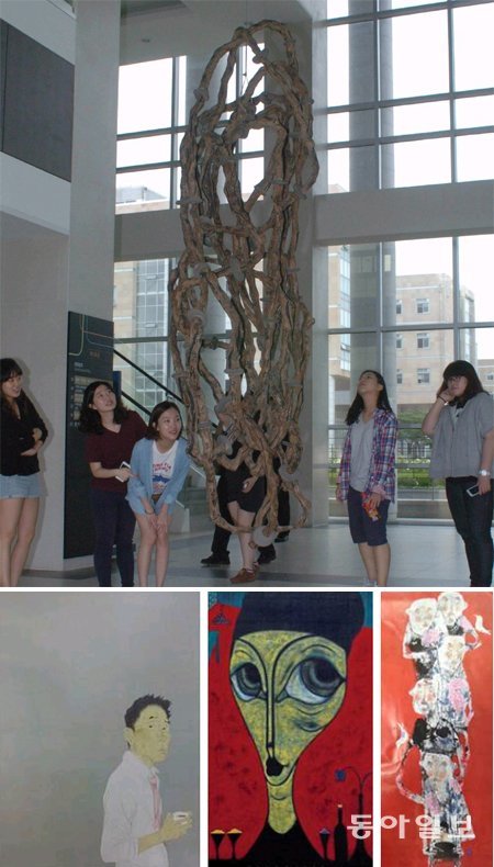 11일 인천대에서 ‘교내 미술작품 설치 프로젝트’가 공개됐다. 조형예술 학부 주도로 기증 또는 무상 대여받은 100여 점의 미술작품을 캠퍼스 곳곳에 전시한 것. 본관 1층에 설치된 조형물을 학생들이 감상하고 있다. 아래 작은 사진들은 인천대 캠퍼스에 전시된 100여 점의 미술작품 중 일부. 김영국 동아닷컴 객원기자 press82@donga.com·인천대 제공