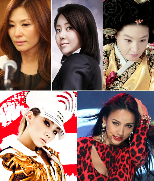 이미숙, 고현정, 박지영이 이효리와 씨엘(맨 위 왼쪽 위부터 시계방향으로) 등 가수들이 몰고온 ‘배드걸’(bad girl) 바람을 안방극장으로 몰고 온 주인공들. 각각 뚜렷한 개성으로 시청자의 시선을 모으고 있다. 사진제공｜KBS·MBC·비투엠엔터테인먼트·YG엔터테인먼트