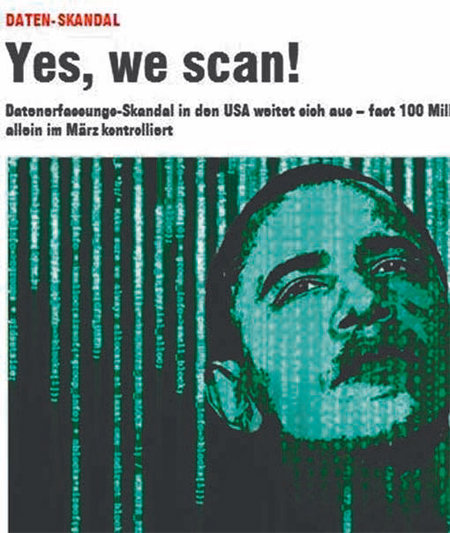 ‘Yes, we can’ 빗대 ‘Yes, we scan’ 독일 일간지 빌트가 미국 정보기관의 개인정보 비밀 수집 및 감시를 비판하면서 버락 오바마 대통령의 얼굴을 영화 ‘매트릭스’의 흘러내리는 초록색 코드 이미지에 넣고 ‘예스 위 스캔(Yes we scan·그래 우리는 감시할 수 있어)’이라는 제목을 붙여 풍자했다. 사진 출처 빌트