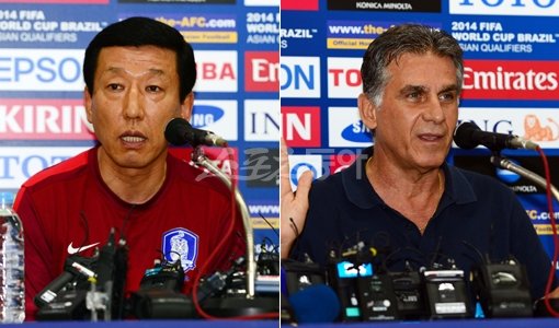 17일 오후 울산 문수월드컵경기장에서 한국 축구대표팀이 '2014 브라질 월드컵 최종예선' 이란과의 경기를 하루 앞두고 기자회견을 가졌다. 한국 축구대표팀 최강희 감독(왼쪽)과 케이로스 감독이 인터뷰를 하고 있다. 울산｜김민성 기자 marineboy@donga.com 트위터 @bluemarine007