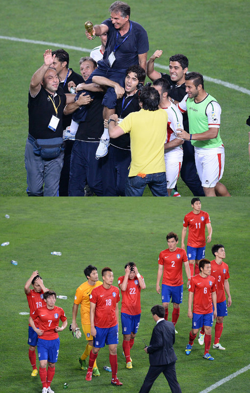 승자와 패자의 명암. 승리한 이란 케이로스 감독은 선수들과 함께 기쁨을 만끽했다. 하지만 패배한 한국 선수들은 월드컵 본선 진출의 기쁨조차 느끼지 못할 만큼 망연자실한 표정이다. 울산=스포츠동아 김종원기자 won@donga.com 트위터@beanjjun