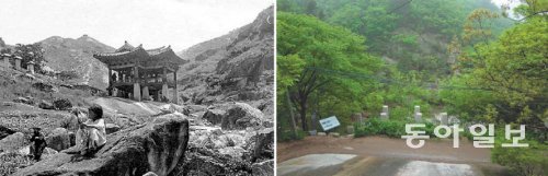 경기 고양시는 1925년 대홍수로 유실돼 현재 기초석 10개만 남아 있는 북한산 ‘산영루’를 경기도 기념물(233호)
로 지정하고 올해 복원사업에 나선다. 왼쪽 사진은 1911년 베네딕트 수도회 소속 독일 신부 베버가 촬영한 산영
루. 오른쪽 사진은 현재 모습. 고양시 제공