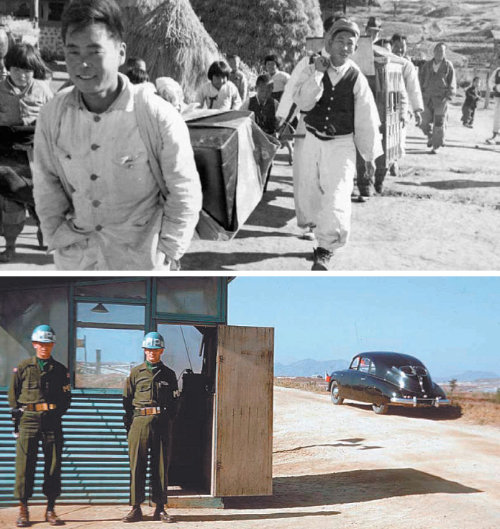 함진아비… DMZ 美경비병… 정전협정 전후의 남북한 1953년 포연이 잠시 물러간 휴전선 일원의 풍경.
 넉살 좋은 함진아비가 앞서면 신부를 태운 가마를 좇는 시골 아이들의 웃음소리가 거리를 가득 메울 듯 보인다(위 사진). 
비무장지대(DMZ) 검문소 앞 미군 경비병들 뒤로 체코산 ‘타트라600’으로 추정되는 승용차도 눈에 띈다(아래 사진). 체코 
외교부가 보관하던 이 미공개 사진들은 주한 체코대사관이 제공했다. 정전협정 체결 전후의 남북한 전역의 모습을 담은 사진 40여 
점은 주한 체코문화원이 9월 10일까지 여는 ‘비무장지대의 북쪽과 남쪽’ 사진전시회를 통해 감상할 수 있다. 즈데녜크 
네예들리·메치슬라프 야블론스키 씨 촬영