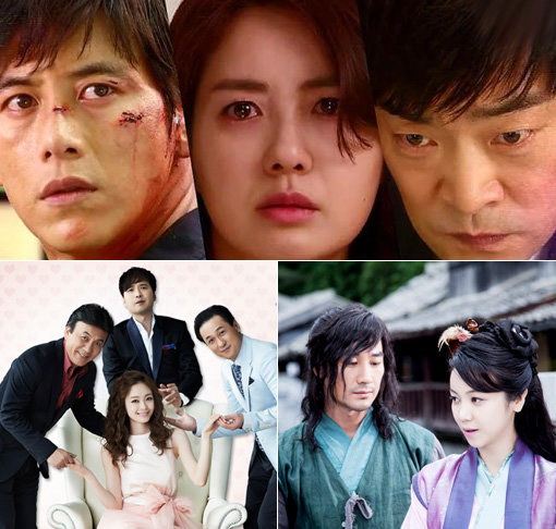 스타 제작진과 연기자들이 남다른 호흡을 자랑하며 ‘사단’이라는 이름으로 뭉쳤지만, 예상에 못 미치는 성적을 내고 있다. 사진은 SBS ‘황금의 제국’과 MBC ‘오로라공주’, KBS 2TV ‘칼과 꽃’.(위부터) 사진제공｜SBS·MBC