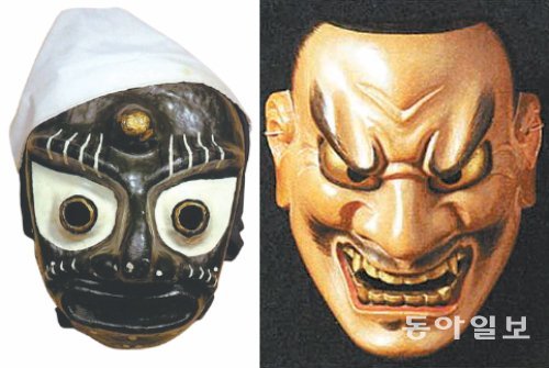 한국의 전통 탈은 코끝을 기준으로 상부와 하부가 서로 다른 감정을 표현한 경우가 많다. 이는 해부학적으로는 짓기 불가능한 표정이다. 인간 형상과 유사한 탈과 상상 속 탈이 확연히 구분되는 중국이나 일본 탈과 다른 점이다. 사진은 봉산탈춤에 쓰이는 말뚝이 탈(왼쪽)과 일본의 전통악극 ‘노(能)’에 쓰이는 시카미(도깨비 탈). 이현경 박사 제공