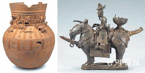 문화재청이 금동미륵보살반가사유상과 함께 해외 반출을 불허한 ‘토우장식 장경호’(왼쪽)와 ‘도기 기마인물형 명기’. 국립중앙박물관 제공