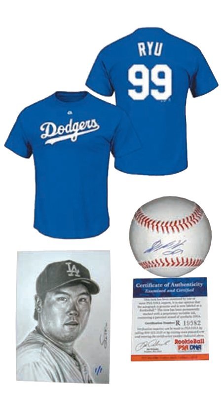 미국 이베이 사이트에서 거래되고 있는 류현진 선수 관련 기념품들. 다저스 티셔츠, 사인볼, 오리지널 류현진 스케치 카드(위쪽부터 시계방향).