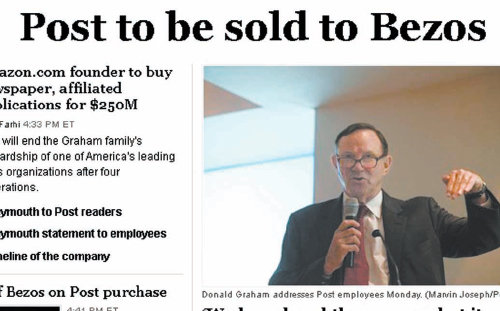 5일 미국 유력 일간지 워싱턴포스트가 제프 베조스 씨에게 팔렸다는 내용을 보도한 워싱턴포스트의 인터넷 홈페이지. 워싱턴포스트 홈페이지