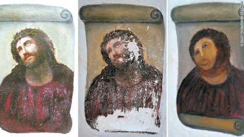 스페인 동북부 보르하 시의 한 교회에 있는 19세기 예수 벽화 원작(왼쪽)을 보고 세실리아 히메네스 씨가 복원한 작품(오른쪽)에는 예수 모습이 원숭이처럼 보인다. 가운데는 복원 직전 훼손된 상태의 벽화. 엘페리오디코