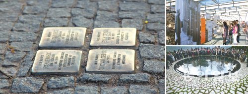 베를린 시내 곳곳에는 독일이 인류 역사상 미증유의 범죄를 저지른 가해자였음을 알리는 기념물이 있다. 나치가 끌고 간 희생자들이 살고 있던 집 주변에는 희생자들의 이름을 새겨 넣은 돌인 ‘슈톨퍼슈타인’이 놓여 있다(왼쪽 사진). 나치의 비밀경찰 게슈타포와 히틀러 친위대 슈츠슈타펠(SS)친위대 총사령부가 있던 곳은 전시관으로 바뀌어 관람객들이 게슈타포의 활동 자료 등을 보고 있다(오른쪽 위 사진). 나치에 학살된 50만 명의 집시 희생자를 기리는 티어가르텐 숲에 있는 ‘집시 추모관’에도 많은 시민이 찾아오고 있다. 사진은 지난해 10월 개관 직후의 모습. 베를린=전승훈 특파원 raphy@donga.com
