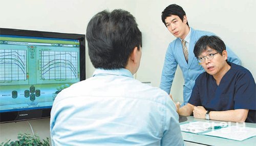 김성근 원장(오른쪽)이 보청기 시뮬레이션을 통해 난청 환자가 잘 듣는지 미리 확인하고 있다. 김성근이비인후과 제공