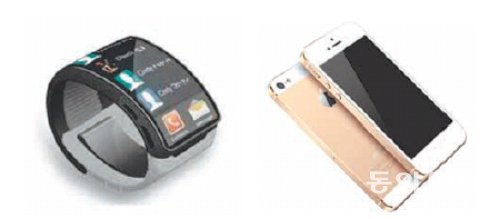 삼성전자의 스마트워치 ‘갤럭시 기어’(왼쪽)와 애플의 스마트폰 신제품 추정 이미지. 바우처코즈프로·시넷 제공