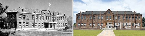 목원대 신학관이 복원됐다. 왼쪽은 목동 캠퍼스가 안정기에 접어들었던 1980년 당시 건물이고, 오른쪽은 2013년 도안동 새 캠퍼스에 복원된 모습. 목원대 제공