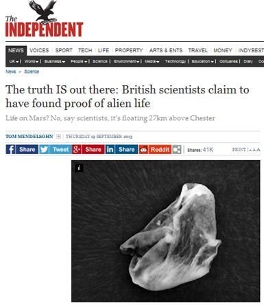 성층권 외계 생명체 사진=영국 "인디펜던트" 홈페이지