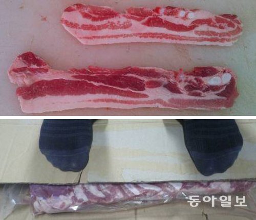 외국산 삼겹살(위)과 발로 밟아 길이를 늘이는 모습.