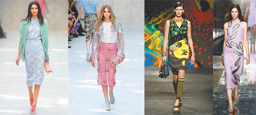 플라워 패턴을 전면에 내세운 버버리프로섬 컬렉션의 대표 이미지 2개와 아티스틱한 요소를 접목한 프라다 컬렉션, 꽃의 생명력을 강조한 크리스토퍼 케인(왼쪽부터).