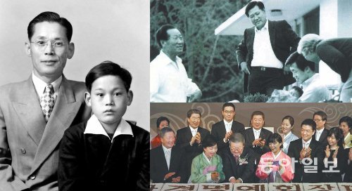 왼쪽부터 시계 방향으로 삼성, 현대, LG가의 가족사진. 첫 번째 사진은 젊은 시절의 이병철 삼성그룹 창업주(왼쪽)와 10세 때의 이건희 삼성전자 회장. 주로 부모와 떨어져 초등학교를 다닌 이 회장은 이 시기에 잠깐 함께 지냈으나 이듬해 일본으로 유학을 떠난다. 두 번째는 현대가의 정주영 창업주(왼쪽)가 1984년 5월 차남 정몽구 현대자동차그룹 회장(가운데), 6남 정몽준 의원과 마북리연수원에서 즐거운 한때를 보내는 모습. 오른쪽 허리를 숙인 이는 정 창업주의 부인인 고 변중석 여사다. 세 번째는 지난해 미수연에서 축하 떡을 자르는 구자경 LG그룹 명예회장과 가족들. 앞줄 왼쪽부터 구본무 LG그룹 회장 부부, 구 명예회장, 구 회장의 장녀인 연경 씨 부부, 구본준 LG전자 부회장의 딸 연제 씨. 뒷줄 왼쪽부터 구본준 부회장 부부, 구광모 LG전자 부장, 구본능 희성그룹 회장 부부, 구본식 희성그룹 부회장 부부. 동아일보DB