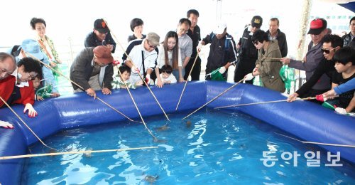 지난해 열린 인천 명품 꽃게 특설장터 한마당에 참가한 시민들이 꽃게 낚시대회를 즐기고 있다. 올해는 무료 시식회, 꽃게 생태체험, 꽃게 퀴즈 왕 선발대회 등 체험 행사와 직거래 장터가 열린다. 인천수협 제공