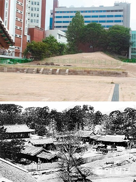 서울 종로구 연건동 서울대병원 본관 뒤편에 남아 있는 ‘서울 경모궁지’. 사도세자의 옛 사당이자, 아버지에 대한 정조의 효심이 담긴 경모궁이 있던 자리다. 아래 사진은 1890년대 경모궁 전경. 일제강점기와 6·25전쟁을 거치면서 경모궁의 건물들은 사라지고 흔적만 남아있다. 한국고전번역원 제공