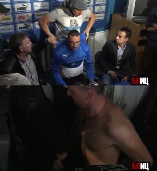 불가리아 극성팬들이 페테프 감독의 옷을 벗기며 공개 모욕을 주고 있다.