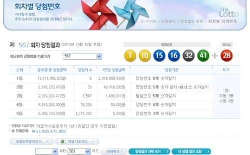 (사진=로또567회당첨번호/나눔로또 홈페이지 캡처)
