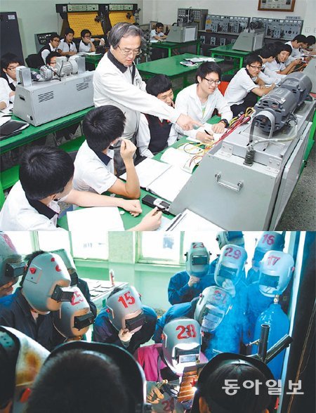 전동기에 대한 설명을 듣는 수도전기공고 학생들(왼쪽)과 용접실습 수업을 하는 군산기계공고 학생들. 동아일보DB