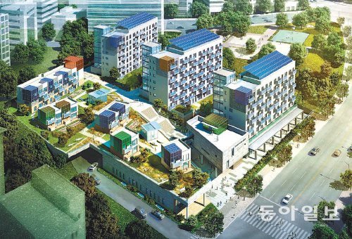 서울 노원구 하계동에 2016년까지 조성될 ‘제로에너지주택단지’ 조감도. 국내 처음으로 화석에너지를 사용하지않는 이 주택단지는 태양광 등 신재생에너지를 사용해 기존 에너지 사용량의 80%가량을 절감할 수 있도록 설계됐다. 노원구 제공