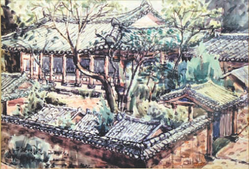 대구 중구 서성로와 북성로가 만나는 지점에 설립됐던 우현서루의 복원 그림. 우현서루의 초기 운영자인 이일우의 손자 이합희가 고증하고 화가 김일환이 그렸다. 대구은행 제공