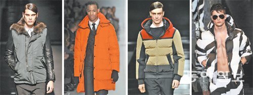 주요 패션 브랜드들도 2013∼2014년 가을·겨울 시즌 컬렉션에서 다양한 패딩을 선보였다. 왼쪽부터 ‘존 리치먼드’ ‘마이클 코어스’ ‘아이스버그’ ‘베르사체’의 패딩 제품. 인터패션플래닝 제공