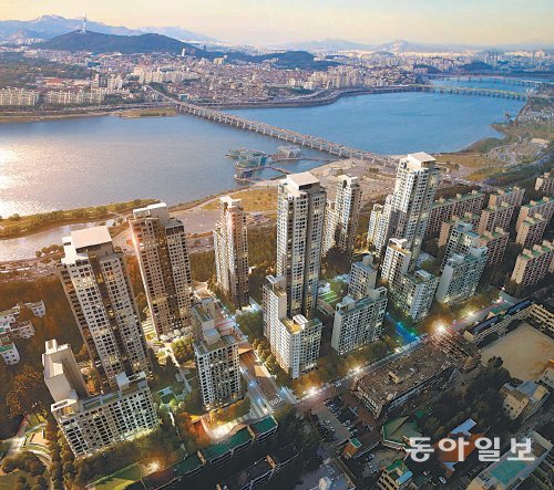 서울 서초구 반포동에 들어서는 아크로리버 파크 항공 조감도. 22일 본보기집을 열고 분양에 나서는 이 아파트는 전체 1620채 중 515채를 일반 분양한다. 한강변을 마주한 강남의 노른자위 땅에 들어서 수요자들의 관심이 높다. 대림산업 제공