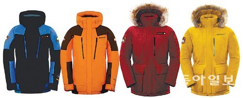 머렐의 헤비다운 재킷인 ‘알래스카 익스페디션’ 구스다운(왼쪽 두 가지)과 머렐이 사파리 스타일을 접목해 선보인 ‘오리진 다운재킷’(오른쪽 두 가지). 머렐 제공