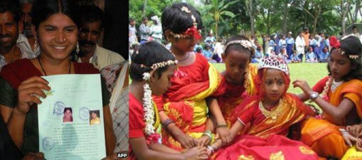 2012년 인도에서 처음으로 조혼 취소 판결을 받아낸 18세의 락스미 사르가라 양(왼쪽)과 인도의 한 어린 신부.