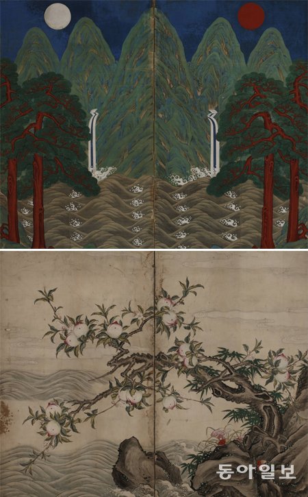 19세기 작품으로 추정되는 ‘일월오봉도’(위쪽)와 ‘해반도도’. 양면에 그림을 그린 유일한 궁중장식화다. 국립중앙박물관 제공