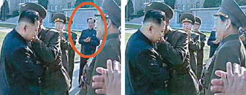 가리고… 같은 영화에서 장성택 부위원장(왼쪽 사진 원 안)이 등장한 한 장면은 장 부위원장의 얼굴이 가려지도록 편집했다(오른쪽 사진). 조선중앙TV 화면 캡처