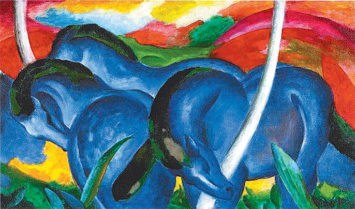 독일 표현주의 화가 프란츠 마르크(1880∼1916)의 작품 ‘크고 푸른 말들’. 2014년은 갑오년으로 ‘갑’은 오방색 중 푸른색에 해당하고, ‘오’는 12간지 중 일곱 번째 동물인 말에 해당한다. 사진 출처 위키페인팅(wikipaintings.org)