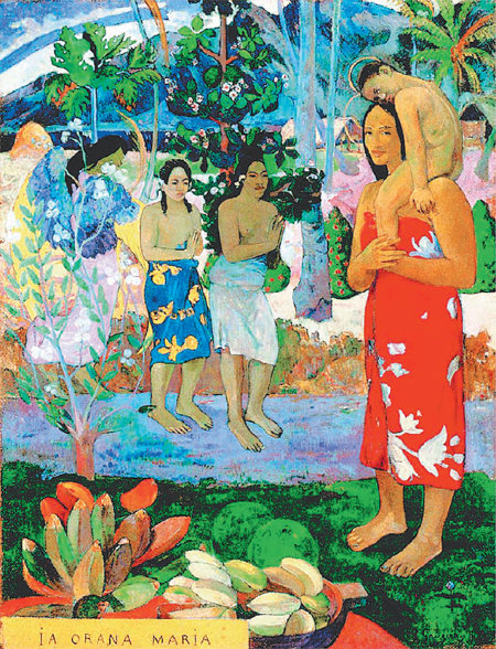 문명에 염증을 느낀 소설의 주인공 엥겔하르트는 남태평양의 작은 섬 카바콘에서 헝겊 한 조각만 두른 채 나체상태로 생활하고 코코넛 열매를 양식으로 하는 자신만의 유토피아를 세운다. 사진은 원시 문명을 동경하며 남태평양 타히티 섬에서 작품 활동을 했던 프랑스 화가 고갱의 ‘이아 오라나 마리아’(1891년). 동아일보DB