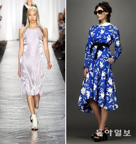 올 봄여름 여성복의 유행색인 파스텔톤 보라색을 입힌 랙앤본의 컬렉션과 파란색을 내세운 마르니의 2014년 리조트컬렉션(왼쪽부터). 랙앤본, 마르니 제공