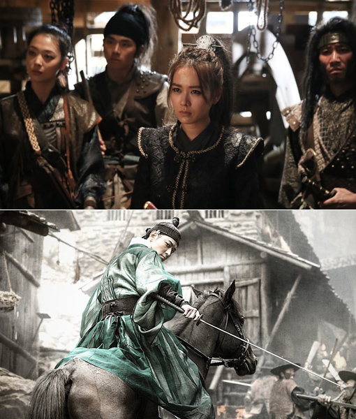 올해 유난히 많은 사극 영화가 관객을 찾아온다. 장르도 판타지, 액션 등 다채롭다. 코미디와 판타지를 섞은 영화 ‘해적:바다로 간 산적’(위)과 100억원의 제작비가 들어간 강동원 주연 ‘군도:민란의 시대’. 사진제공｜롯데엔터테인먼트·쇼박스