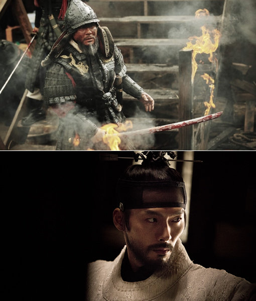 ‘사극을 사랑한 톱스타.’ 최민식, 이병헌, 하정우, 현빈 등 톱스타들이 줄줄이 과거로 돌아간다. 최민식 주연 ‘명랑:회오리 바다’(위)와 현빈의 영화 ‘역린’. 사진제공｜CJ엔터테인먼트·롯데엔터테인먼트