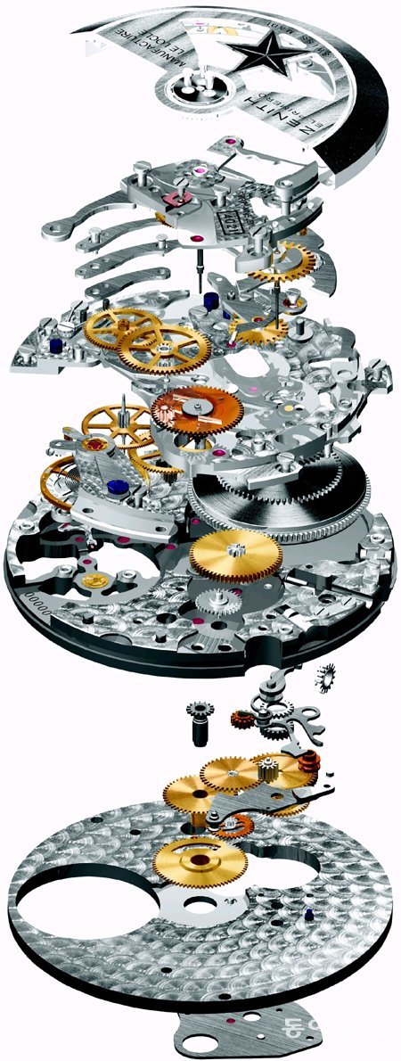 기계식 손목시계의 무브먼트(시곗바늘을 돌아가게 하는 내부 기계장치) 해부도. 기계식 손목시계 하나에 1000∼1200개나 되는 부품이 들어간다. 한스미디어 제공