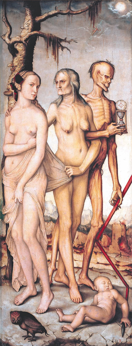 독일 화가 한스 발둥(1484∼1545)의 1510년 작 ‘인생의 세 시기와 죽음’. 16세기 북유럽 르네상스를 대표하는 발둥은 신앙과 인간의 욕망, 삶과 죽음을 소재로 그로테스크한 분위기의 작품을 주로 선보였다. 모래시계를 든 사신(死神)이 노년기 여성의 팔짱을 낀 모습이 자못 의미심장하다. 스페인 프라도미술관 소장. 궁리 제공