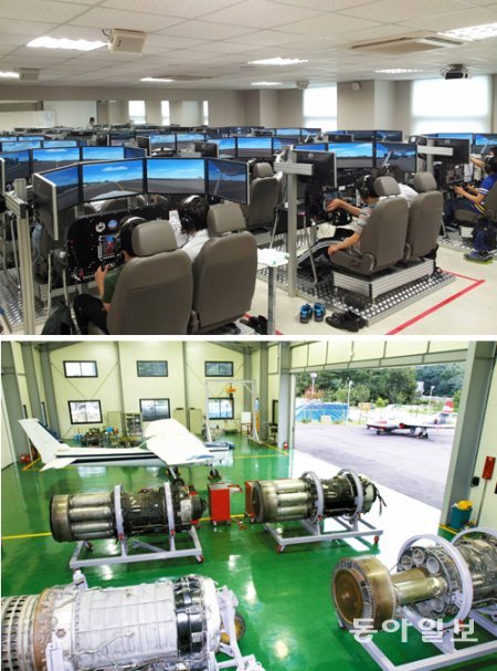 글로리아아카데미의 항공조종 시뮬레이터 실습실(위쪽)과 항공정비 실습실. 글로리아아카데미 제공