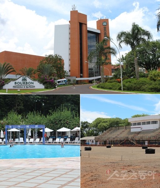 홍명보호가 이번 전지훈련과 브라질월드컵 본선에서 이용하게 될 베이스캠프 버번 카타라타스 컨벤션&스파 리조트 외관(맨 위 사진)과 호텔에 있는 야외수영장(맨 아래 왼쪽)의 모습. 대표팀의 전용훈련장이 될 페드로 바소 스타디움은 한창 공사 중이다. 이구아수(브라질)｜남장현 기자