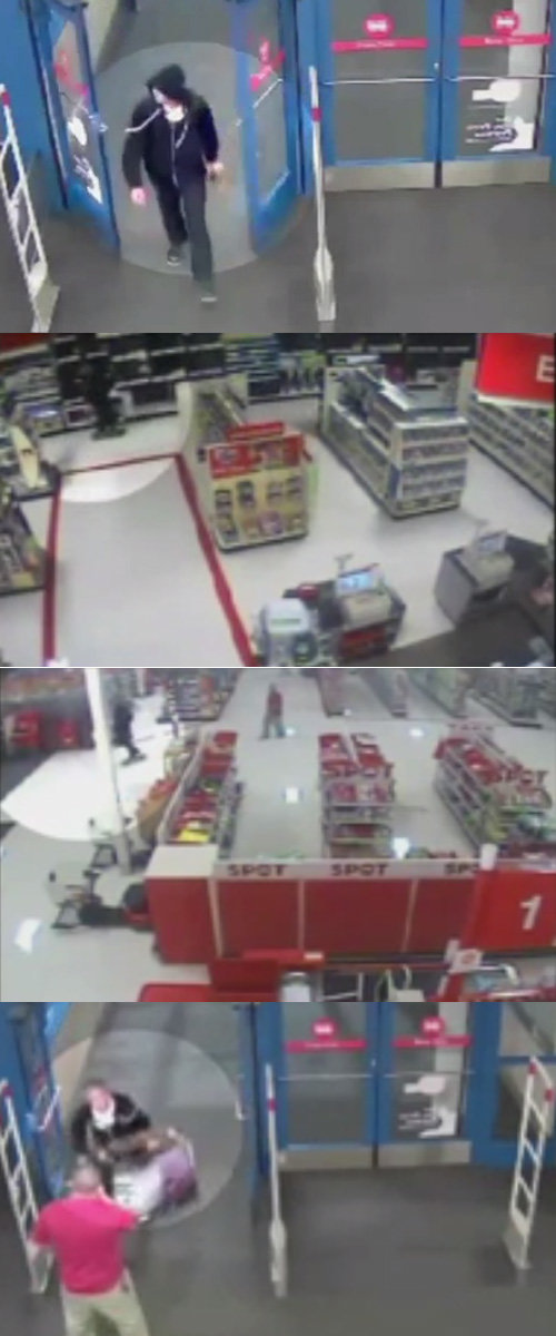 이 도둑은 350달러에 달하는 32인치 LCD TV를 자연스럽게 옆구리에 낀 채 스케이트보드를 타고 유유히 달아났다. 사진출처=유튜브 영상 캡쳐