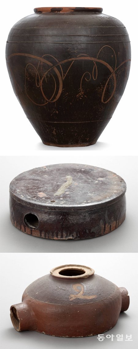 국립민속박물관이 소장한 옹기 항아리(위쪽)와 미꾸라지 통발(가운데), 벌통(아래쪽). 지름이 96cm인 항아리는 김치나 소금을 저장하는 독으로 사용했다. 조선시대에는 항아리 외에도 쓰임새가 다양한 생활용품을 옹기로 만들었다. 국립민속박물관 제공