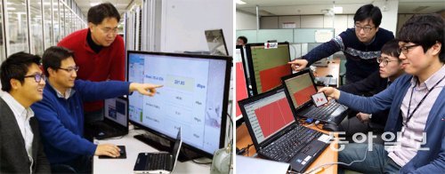 20일 SK텔레콤(왼쪽 사진)과 LG유플러스 연구진들이 20MHz(메가헤르츠) 1개 대역과 10MHz 2개 대역 등 모두 3개의 주파수 대역을 묶어 최대 초당 300Mbps 속도가 나오는 ‘3밴드 LTE-A 기술’을 시연하고 있다. 각 업체 제공