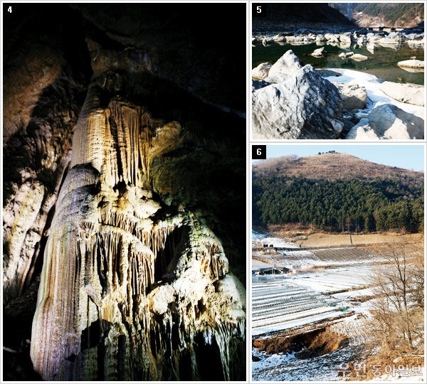 4 화암 8경을 대표하는 화암동굴. 6억 년 동안 형성된 것으로 추정되는 대형 석순과 석주들이 즐비하다. 5 중생대의 흔적을 담은 하동 역암을 볼 수 있는 조양강변. 6 민둥산을 배경으로 8개의 구덩이 모양 돌리네 지형이 펼쳐지는 발구덕 카르스트.
