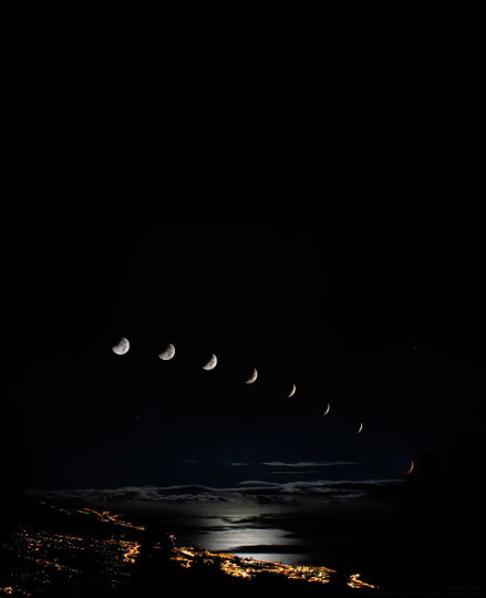 우리나라가 밤인 시간에 지구, 태양, 달이 완전히 일렬로 배열될 때만 관찰할 수 있는 ‘개기월식’ 진행 모습.